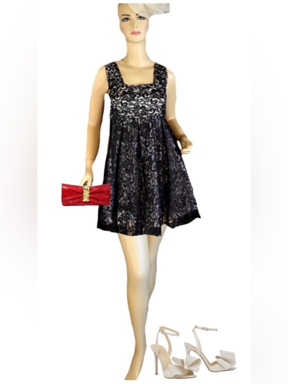 ALICE + OLVIA BLACK, CREAM AND WHITE LACE EMPIRE WAIST A-LINE LACE DRESS (6)